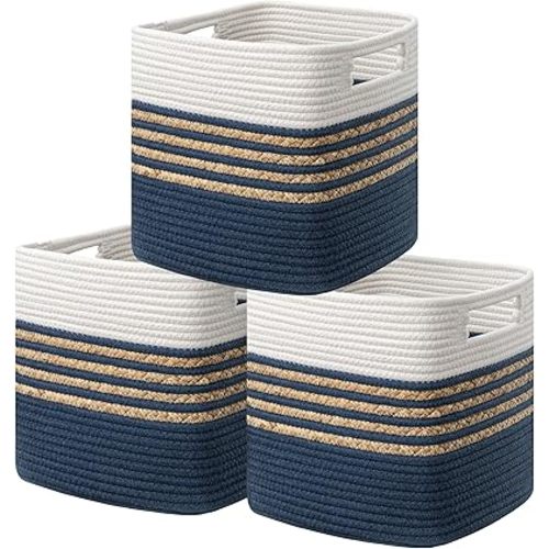 UBBCARE Set of 3 Storage Cubes 11 X 10.5 X 10.5 in, Water Hyacinth Storage Bins for shelves, Toys, Book, Storage Baskets with Handles, Cotton Rope Woven Baskets for Organizing, Navy Blue
