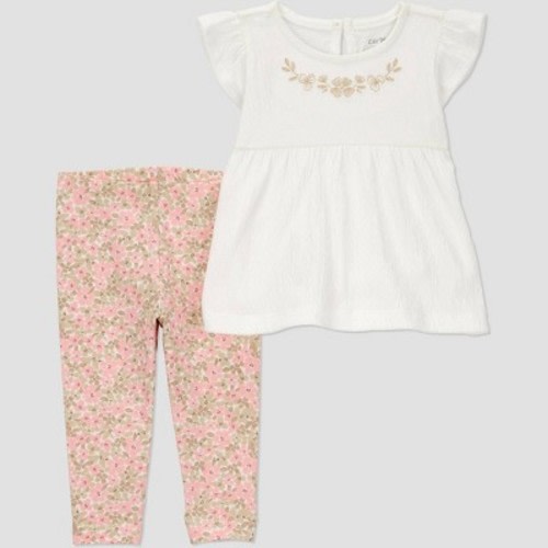 Carter's Just One You® Baby Girls' Floral Top & Pants Set - Cream 3M: Sleeveless Tunic, Elastic Waistband