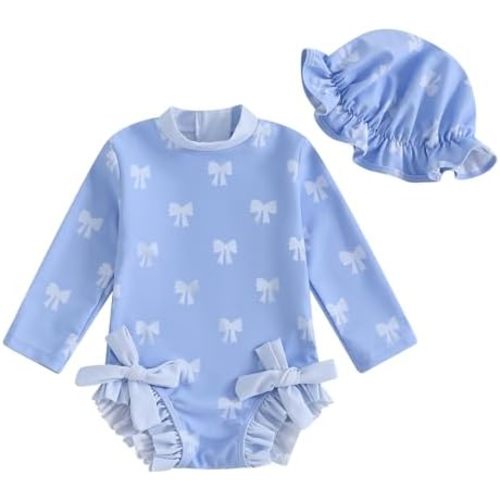 Baby Girl Swimsuit Baby Girls Long Sleeve One Piece Swimsuit Romper with Hat Bathing Suit Toddler Bathing Suit