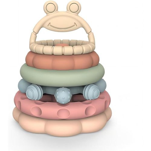 Stacking Rings Toys for Babies, Silicone Soft Teething Toy Nesting Ring Toys 6 Pcs Frog Learning Tower for Infants Over 6 Months Blocks for Toddlers 1-3 Years Gift to Boys & Girls