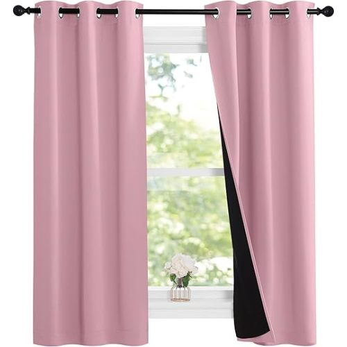 NICETOWN 100% Blackout Short Curtains with Black Liners, 2 Panels, 37" W by 60" L, Crystal Pink, Thermal Insulated Full Blackout 2-Layer Lined Drapes, Energy Efficiency Window Draperies for Bedroom