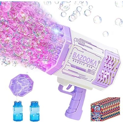 Bubble Gun, Bazooka Bubble Machine Gun, Bubble Blaster Gun with Bubble Solution, 69 Holes Bubble Bazooka Gun Outdoor Summer Toy Gifts Party Favors for Kids Purple Bubble Maker Blowers
