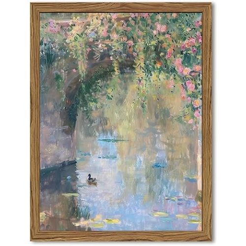 Framed Vintage Monet Canvas Wall Art, Floral Landscape Wall Decor Paintings, Country Nature Pictures Prints Aesthetic Home Decor for Living Room Bedroom Bathroom 16x24 inch