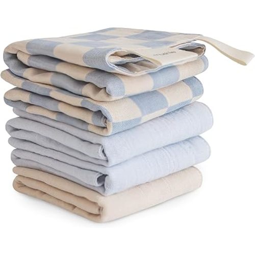 mushie Muslin Organic Cotton Washcloths 5-Pack (Blue Check Combo) | Soft Wipes for Baby Cleanups and Bathing