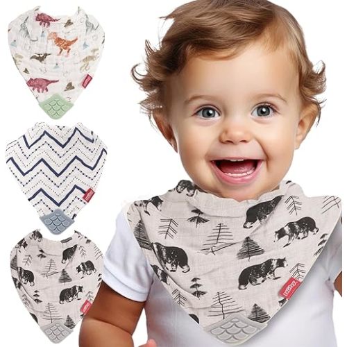Nuby Baby Bibs - 3 Pc Muslin Bibs - Reversible 100% Natural Cotton Teething Bib - Baby Bibs For Girls And Boys, Baby Essentials