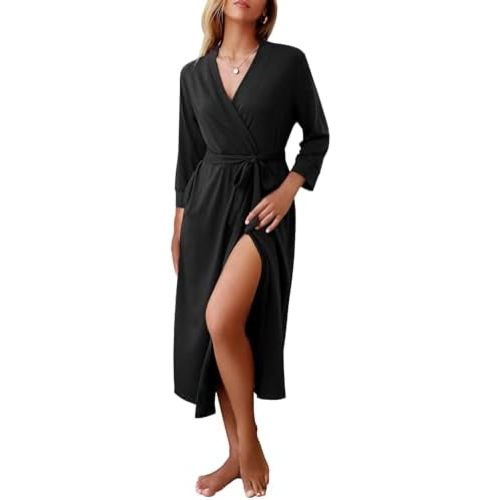 Ekouaer Women Long Knit Bathrobe, Casual Loungewear with Attached belt