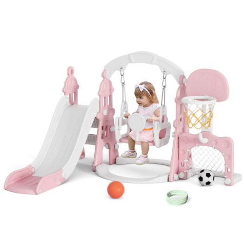 XJD 5 in 1 Toddler Swing and Slide for Toddlers Age 1-3 Slide and Swing Set Climber for Children Baby Indoor Outdoor, Basketball Hoop, Football Gate, Playsets Playground Sets for Backyards, Pink