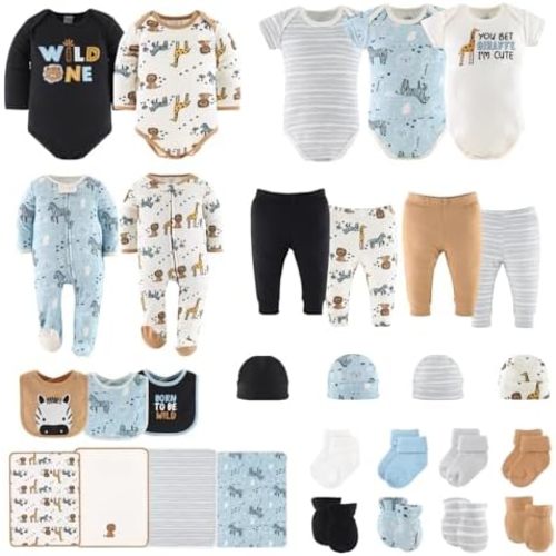 The Peanutshell Newborn Clothes & EssentIals Set, 30 Piece Baby Layette Gift Set, 0-3, 3-6, 6-9 Months Outfits, Safari