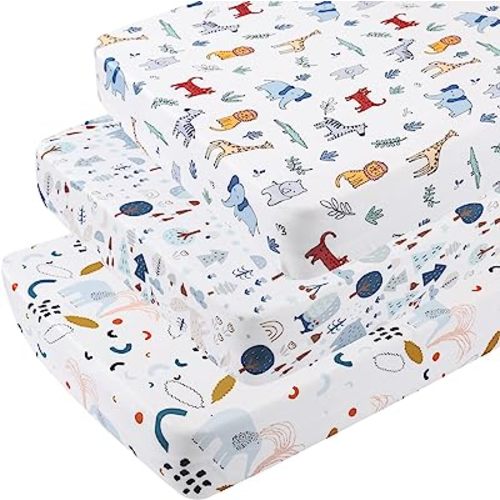 Pack and Play Sheets 3 Pack for Baby Boy, Stretchy Jersey Knitted Portable Mini Crib Sheets Playard Mattress Cover, Woodland Animal Elephant Fox Lion Bear Giraffe Zebra Printing