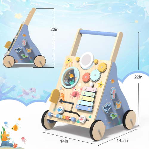 Wooden Walker with Activity Center, Ocean-Themed Push Walker for 18 Months+ Kids, Safe & Stable Design for Toddlers
