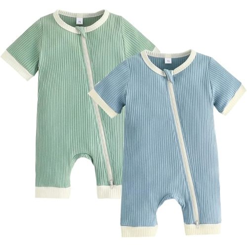 Bafeicao Unisex Baby Boy Girl 2 Pack Rompers Short Sleeve Two Way Zipper Romper One Piece Jumpsuits Clothes Sets - 3-6 Months - S Blue+green