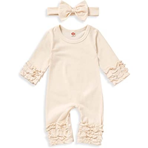 GRNSHTS Newborn Baby Girls Ruffle Romper Solid Long Sleeve Jumpsuit One-Piece Coming Home Clothes With Headband
