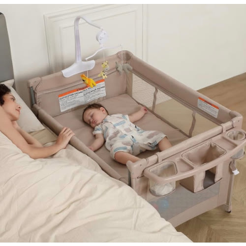 5 in 1 Pack and Play, Baby Bassinet Bedside Sleeper, Baby Playard, Bedside Crib with Changing Table, Foldable Travel Playard for Newborn to Toddles (Beige)