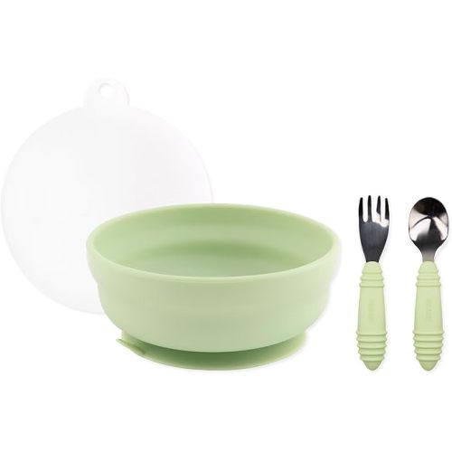 Bumkins - Silicone Grip Bowl, Fork & Spoon & Lid - For Ages 18 Months+ - Suction Base - 100% Food-Safe Silicone - Oven, Microwave, Freezer, & Dishwasher Safe - Green