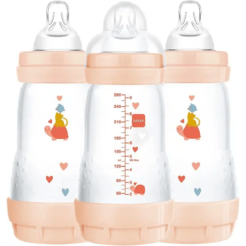 MAM Easy Start Anti-Colic Bottle , Baby Essentials, Medium Flow Bottles with Silicone Nipple, Baby Bottles for Baby Girl, Peach, 9 oz (3-Count)