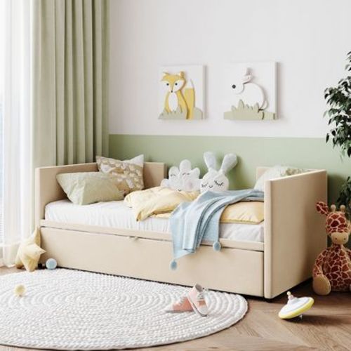 Twin to King Wooden Upholstered Daybed, Extendable Sofa Beds with Twin Trundle Bed -LUMISOL