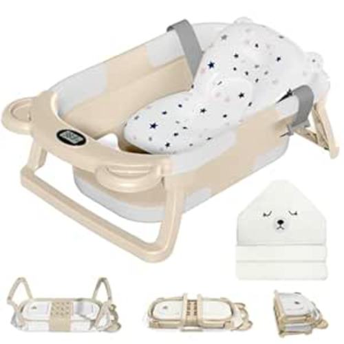 MoreFeel Collapsible Baby Bathtub for Newborn with Thermometer & 1 Hooded Towel & 1 Soft Floating Cushion,Portable Travel Bathtub with Drain Hole, Durable Foldable Baby Tubs for Infants to Toddler