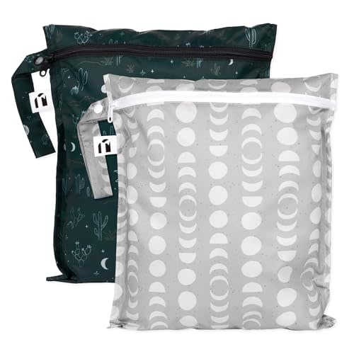Bumkins Roamio - Waterproof Wet Bag - For Baby, Travel, Swim Suit, Cloth Diapers, Pump Parts, Pool, Gym, Toiletry, Strap to Stroller - Reusable & Easy to Clean - 2pk - Dk Green & Gray