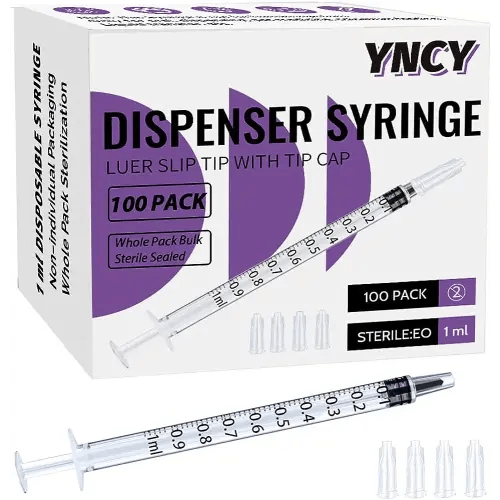 1ml Sryinge with Cap, Luer Slip Tip, Whole Pack Bulk Sterile Sealed, No Needle (100 pcs, 1ML)