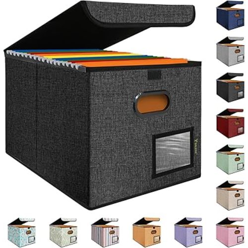 BALEINE File Organizer Box with Lid, Collapsible File Folder Organizer with Plastic Slide, Hanging File Folder Box for Office Document Storage (1 Pack, Black)
