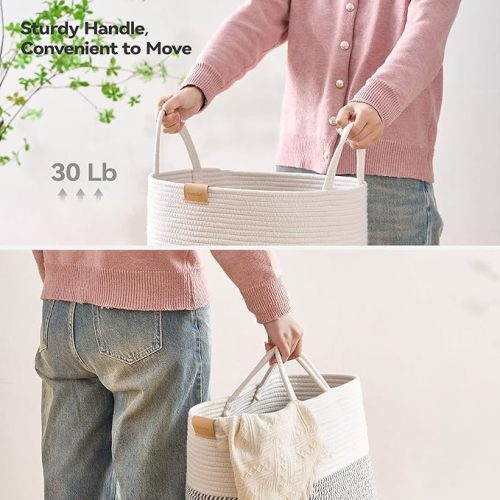 Laundry Hamper 62L,Large Laundry Basket for Clothes,Decorative Storage Basket for Blankets,Cotton Rope Woven basket for bedroom,Grey White