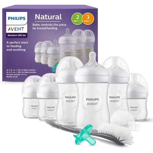 Philips Avent Newborn Gift Set - Bottles with Natural Response Nipples, 3 x 4oz/125ml (Slow Flow Nipples, Flow 2), 3 x 9oz/260ml (Medium Flow Nipples, Flow 3), Soothie 0-3m & Bottle Brush, SCD837/04