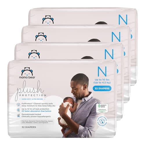 Amazon Brand - Mama Bear Plush Protection Diapers - Size Newborn, One Month Supply, Hypoallergenic Premium Disposable Baby Diapers, 128 Count (Pack of 4), White and Cloud Dreams
