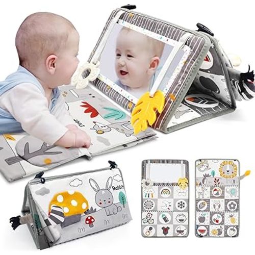 Tummy Time Mirror for Babies 0-6 Months Newborn Infant Baby Sensory Toys Brain Development with Crinkle Cloth Book and Teething Toy for Boy Girl Gifts Baby Newborn Essentials