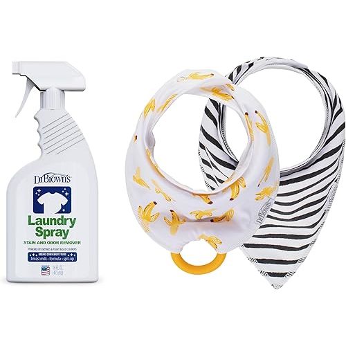 Dr. Brown’s Bandana Bib with Snap-On Removable Teether, 3m+, 2-Pack, Black Stripes & Bananas with Dr. Brown’s Laundry Spray and Odor Remover, Fragrance Free Newborn Stain Removal, 16 Fl oz