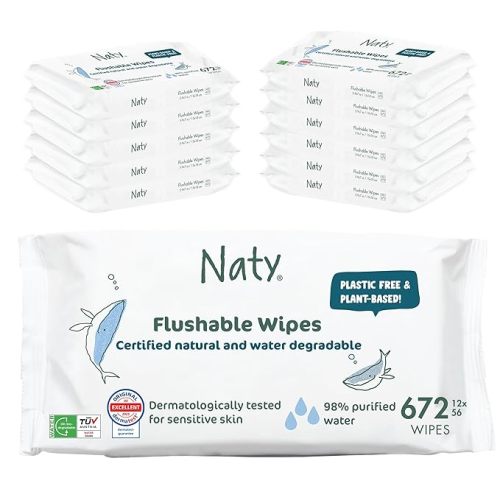 Naty Flushable Toddler & Baby Wet Wipes | Plant-Based, Water-Based for Sensitive Skin | Natural & Unscented Potty Training Wipes | Water-Degradable, Plastic-Free, Fragrance-Free | 672 Count (12 Packs)
