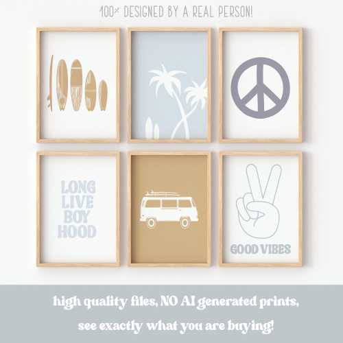 Surf Nursery Décor for Boys Boho Beach Wall Art for Kids Ocean Blue Digital Prints, Palm Tree and Surfing Club 6 Print Gallery Bundle