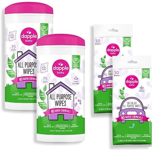 Dapple All Purpose Wipes Baby, Hint of Lavender, 75 Count Canister (Pack of 2) + 30 Count Pouch (Pack of 2) - Plant Based & Hypoallergenic Cleaning Wipes