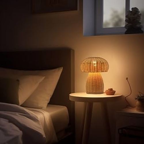 Coosa Rattan Table Lamp, Mushroom Beside Table Lamp, Pure Hand Weaving,Wicker Desktop Nightstand Lamp Accent Lamp for Home Office,Art Decor,Handicraft House Warmging Gift（Bulb Not Included）