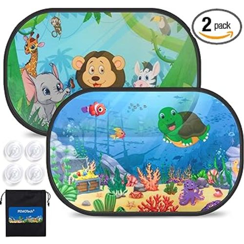 PEMOTech Car Window Shade for Baby,2 Pack UV-Protection Car Side Window Sun Shades Cartoon Animal Design (20"x 12")