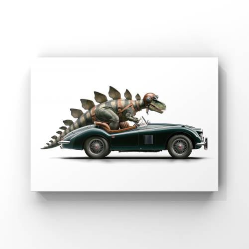 Mounted Canvas 16x20: Dino Driving Vintage Jag