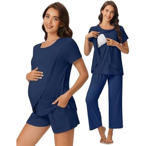 Ekouaer 3 PCS Maternity Nursing Pajamas Set Postpartum Breastfeeding Short Sleeve Shirts, Pregnancy Shorts & Pants Pjs S-XXL