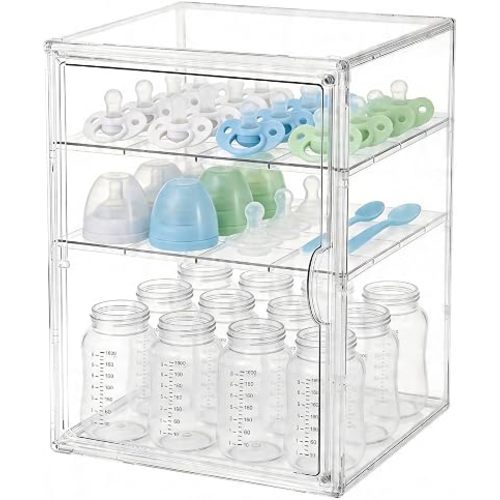 Baby Bottle Organizer, 3 Tiers Acrylic Bottle Storage Organizer Container, Clear Plastic Bottle Station Organizer with 2 Adjustable Dividers for Kitchen Countertop, Bathroom, Cabinet, Vanity (Large)