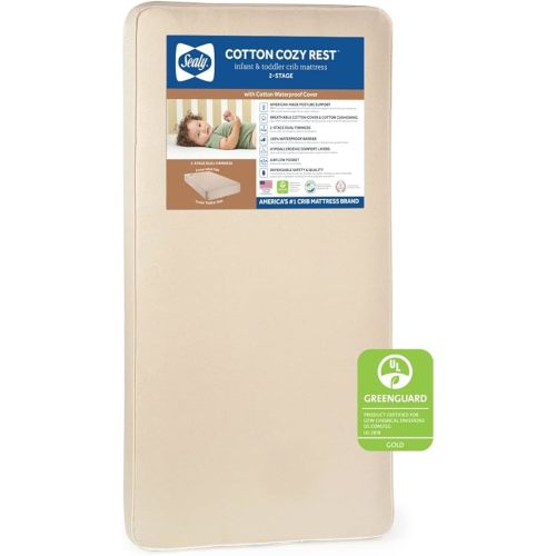 Sealy Baby Cotton Cozy Rest Breathable Cotton 2-Stage Dual Firmness Waterproof Baby Crib Mattress & Toddler Bed Mattress, 204 Premium Coils, Hypoallergenic Crib Mattress, Made in USA, 52"x28"