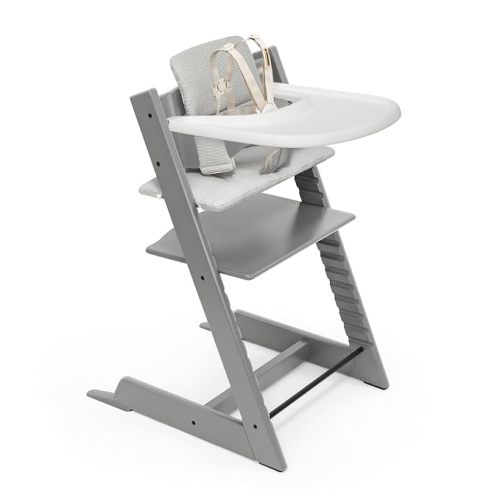 Stokke Tripp Trapp High Chair 2 (Storm Grey), Cushion 2 (Nordic Grey) + Stokke Tray (White) - Includes Chair + Baby Set 2 with Removable Harness for Children 6-36 Months