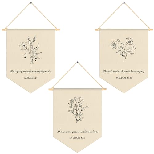 VitalCozy 3 Pcs Nursery Scripture Bible Verse Christian Botanical Decor Canvas Hanging Pennant Flag Banner Floral Wall Signs for Bedroom Playroom Front Door Kids Baby Boy Girl Birthday Christmas Gift
