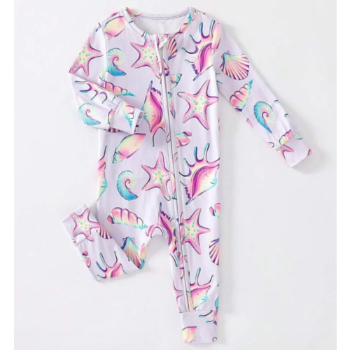 Infant & Baby Girl Casual White Starfish & Shell Sea Life Digital Print Long Sleeve Zipper Bodysuit