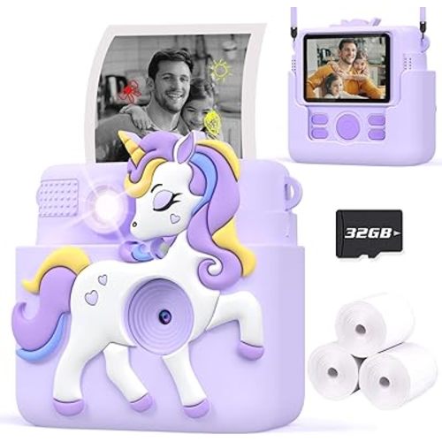 Kids Camera Instant Print Gifts for Girls Age 4-12, Instant Camera for Kids with Silicone Cover, 1080P Kids Digital Camera Toys for 3 4 5 6 7 8 9 10 Years Old Girls 32GB Card Lilac