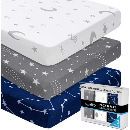 GROW WILD Pack n Play Fitted Sheets 3 Pack - 38” x 24" Jersey Cotton Crib Sheets