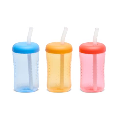 The First Years Squeeze & Sip Toddler Straw Cups - Squeezable Transition Sippy Cup with Silicone Straw - Toddler Feeding Supplies - Blue/Yellow/Red - 7 Oz - 3 Count - Ages 6 Months and Up