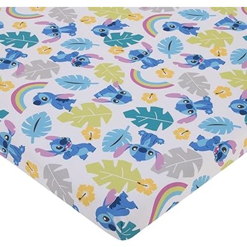 Disney Stitch Blue, Teal, Lime, and White Nursery Fitted Mini Crib Sheet