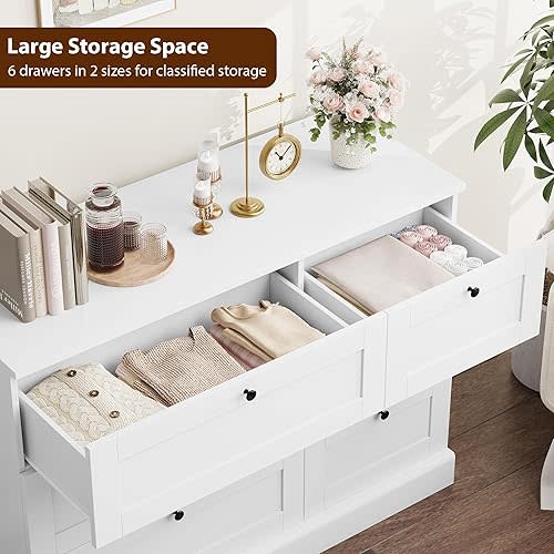 HOSTACK 6 Drawer Dresser, White Dresser for Bedroom, Wood Chest of Drawers, Wide Double Dresser, Modern Drawer Chest for Living Room, Entryway, Hallway, White