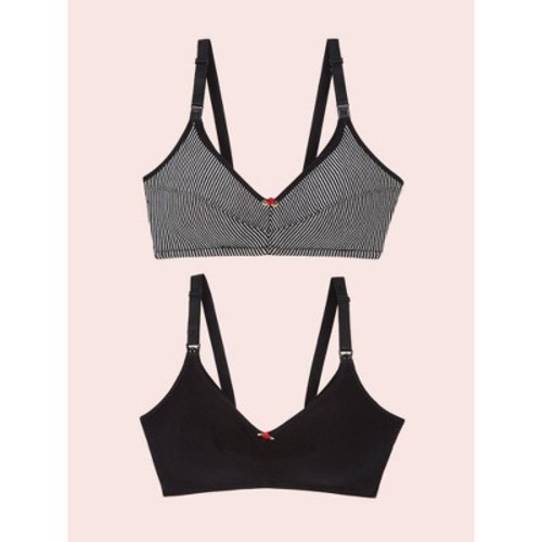 Leading Lady The Uma - Cotton Wirefree Nursing Bra 2-Pack in Black & Grey Stripe w/ Black 2PK, Size: 36B.
