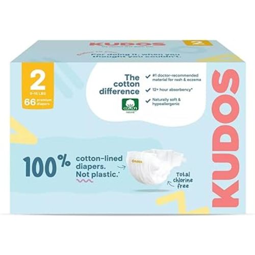 Kudos Chlorine Free Premium Diapers, 100% Cotton-Lined, Size 2, 66 Count, 10-14 lbs