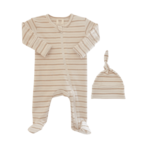 Biscuit Mixed Stripe / Organic 2-Way Zip Footie & Beanie Set