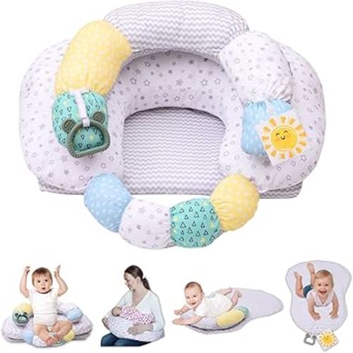 4-in-1 Tummy Time & Nursing Pillow with High, Firm, Large Area, Detachable Seated Support Cushion, Removable and Machine Washable Slipcovers, Baby Play Mat and Toys 0-24 Months